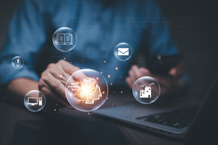 Man using laptop and touch bar Chat bot Chat with AI, Artificial Intelligence,System Artificial intelligence an artificial intelligence chatbot, Digital chatbot, Robot application, conversationの写真素材