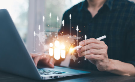 Customer Relationship Management, Businessman use laptop with global structure customer network technology, Data exchanges development. customer service, social media. digital marketing online.の写真素材