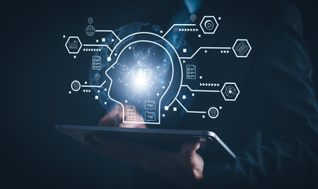 AI tech, Business person chatting with a smart AI using an artificial intelligence chatbot developed...