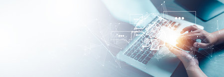 Programmer people working laptops or smartphones with AI, artificial intelligence software engineer coding on laptop computers with technology icons and binary code, big data, Ai bot digital machineの写真素材