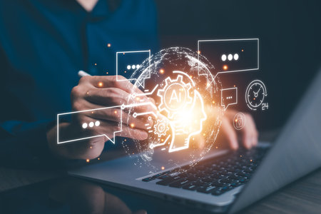 AI tech, Business person chatting with a smart AI using an artificial intelligence chatbot developed by OpenAI, Artificial Intelligence, Futuristic technology transformation, Searching for Educationの写真素材