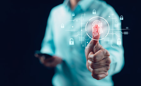 Security password login online concept, businessman using  finger scan and entering username and password of social media, log in with smartphone to an online bank account, data protection from hackerの写真素材