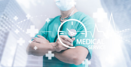 Medical doctor service and medical technology and futuristic concept, Doctor using laptop and health medical network connection icon on virtual screen interface, Modern medical technologyの写真素材