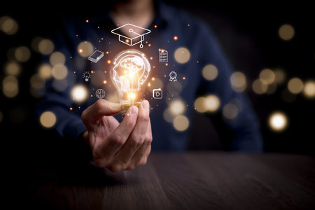 thinking and creative concept, Close up the light bulb and woman working on the desk, Creativity, and innovation are keys to success,  new idea and innovation with Brain and light bulbs,big dataの写真素材