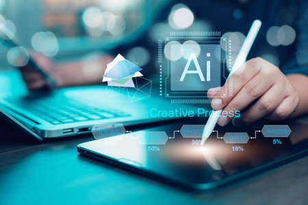 Technology and people concept man use AI to help work, AI Learning and Artificial Intelligence Concept. Business, modern technology, internet and networking concept. AI technology in everyday life.の写真素材