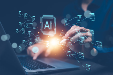 Programmer people working laptops or smartphones with AI, artificial intelligence software engineer coding on laptop computers with technology icons and binary code, big data, Ai bot digital machineの写真素材