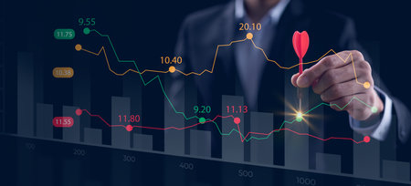 Bullseye dart arrow and line of Stock market or forex trading graph and candlestick chart suitable for financial investment concept,Economy trends background for business idea and all art work design.の写真素材