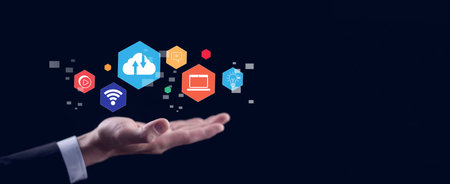 Businessman hand holding smartphone and laptop with cloud computing diagram show on hand. Cloud technology. Data storage. Networking and internet service concept, Cloud sharing download and uploadの写真素材