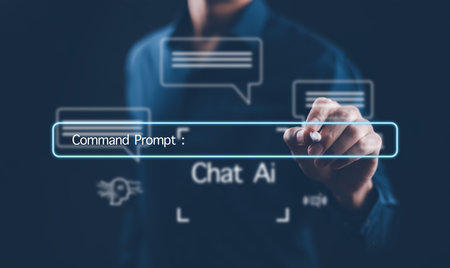 Man touch bar Chat bot Chat with AI, Artificial Intelligence,System Artificial intelligence an artificial intelligence chatbot, Digital chatbot, Robot application, conversationの写真素材