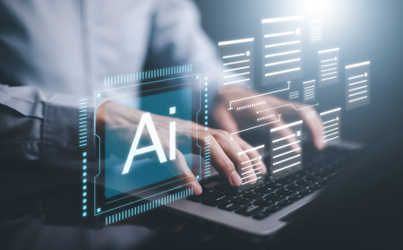 Programmer people working laptops with AI, artificial intelligence software engineer coding on laptop computers with technology icons and binary code, big data, Ai bot digital machineの写真素材