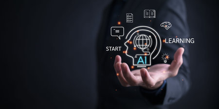 Programmer people working laptops or smartphones with AI, artificial intelligence software engineer...