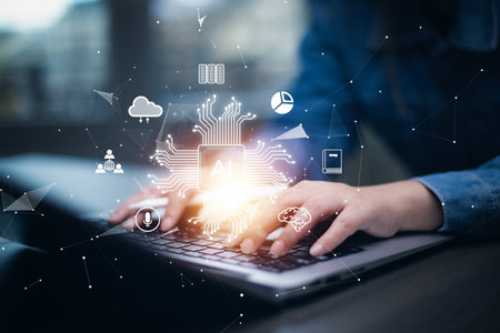 Programmer people working laptops or smartphones with AI, artificial intelligence software engineer...