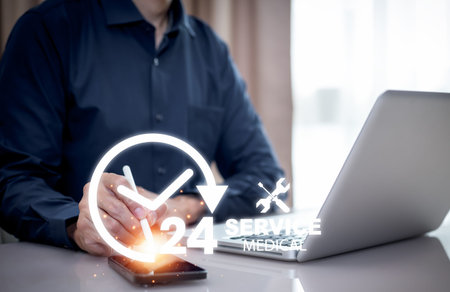 Clock 24h service and people icon Concept, Businessman hand holding clock and line people icon, time management and business work planning, idea and concept of the schedule of the daily routine,の写真素材