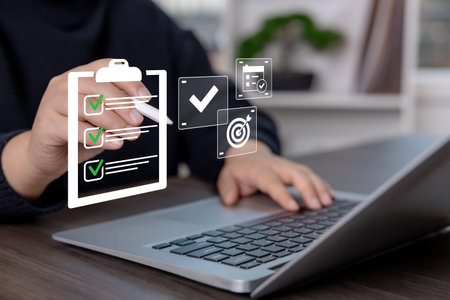 Business checklist and approval concept with verified tasks and quality control icons. Digital...