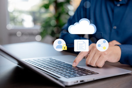 Business cloud data management concept with secure document sharing, user access control, and...