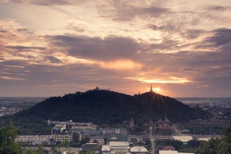 Phetchaburi, Thailand - August 27, 2013 : Beautiful mountain (Phra Nakhon Khihri Historical Park) with sunset.のeditorial素材