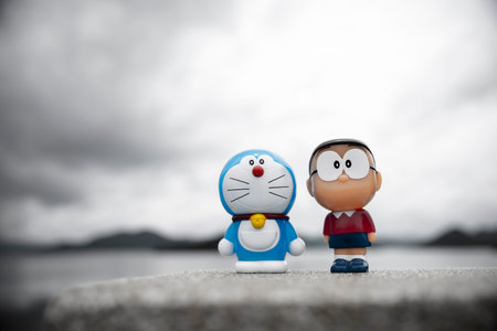 Phetcharburi, Thailand - August 14, 2018 : Soft focus on Cartoon model (Doraemon and Nobita) from...
