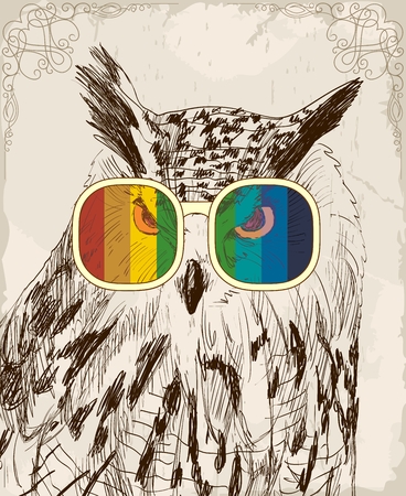 Vector sketch of owls with glasses. Retro illustrationのイラスト素材