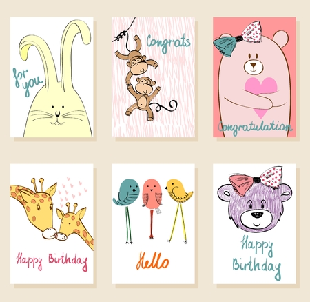 Collection of cute artistic cards for kids. Funny animals in vector.のイラスト素材
