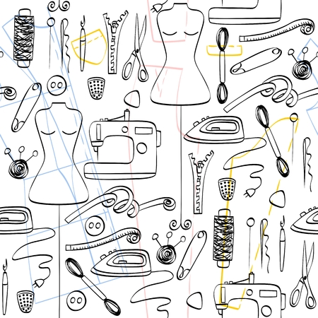 Seamless pattern sketch  tailoring equipment,  sewing machine.のイラスト素材