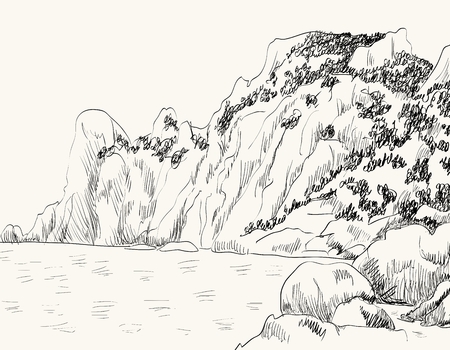 Vector summer seascape sketch.  Rocky shore, lapped by the surfのイラスト素材