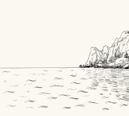 Vector summer seascape sketch.  Seaside view and mountainのイラスト素材