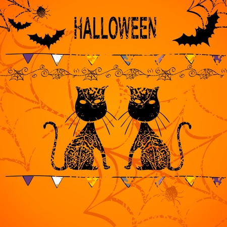 Happy halloween card with  cats. Hand drawn illustrationのイラスト素材