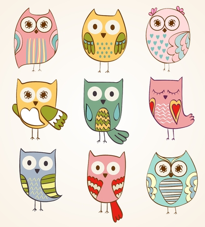 Set of cartoon owls in beautiful colorsのイラスト素材