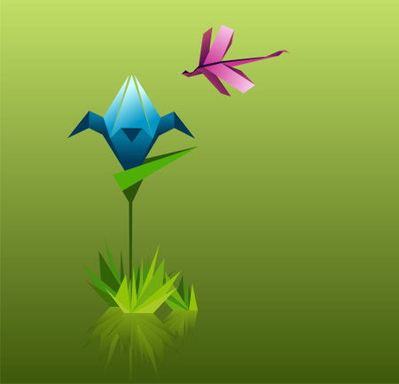 Origami  abstract background. Paper dragonfly and flower.のイラスト素材