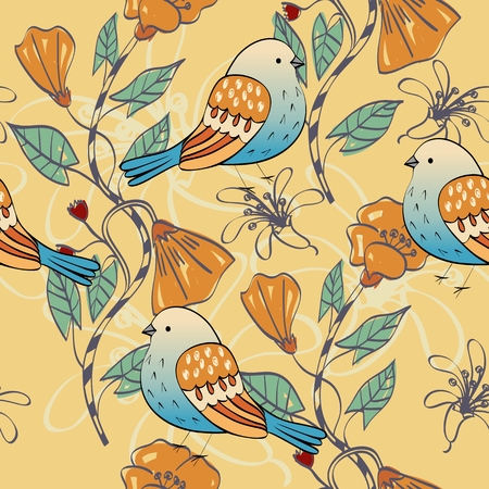 Hand drawn illustration with cartoon birds. floral backgroundのイラスト素材