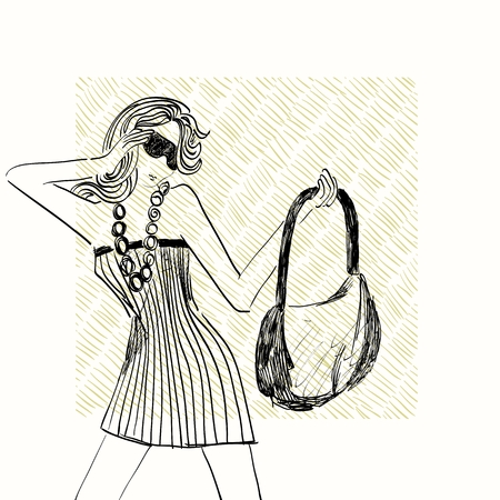 sketch fashion models. Woman show fashionable accessoriesのイラスト素材