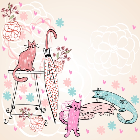 Vintage card vector with cats in bright colorsのイラスト素材