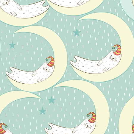 Cartoon Sleeping cat. Hand Drawn illustration. Seamless patternのイラスト素材