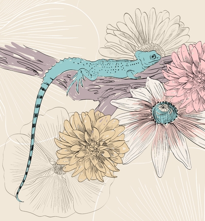 vector sketch of lizard with cute flowersのイラスト素材