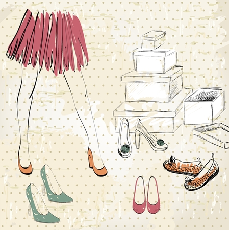 Young woman shopping for fashion shoes. Hand draw illustration.のイラスト素材