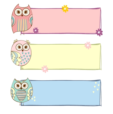 Banners with cartoon owl in light colors.のイラスト素材
