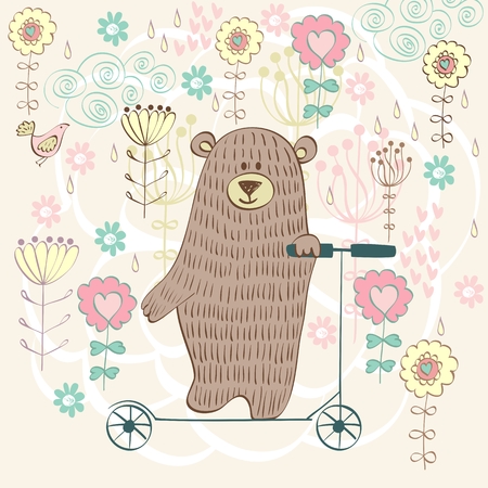 greeting card  with  cartoon bear on a scooterのイラスト素材