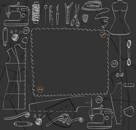 Illustration pour sketch  tailoring equipment, mannequin,  sewing machine. Hand drawn illustration - image libre de droit