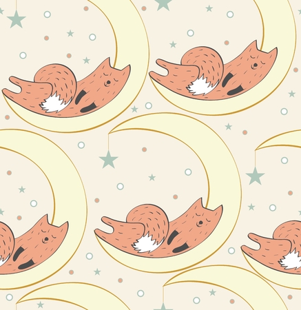 Cartoon Sleeping fox. Cute vector seamless patternのイラスト素材