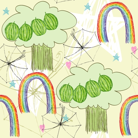 child's drawing of a multicolored rainbow and tree with watermelonsのイラスト素材
