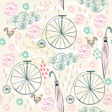 Vintage seamless pattern  with umbrella and bikeのイラスト素材