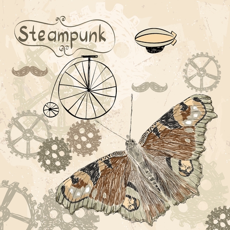 drawn illustration of an  butterfly in style steampunkのイラスト素材