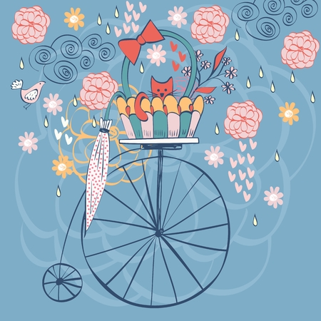 Vintage card vector with cat in bright colorsのイラスト素材