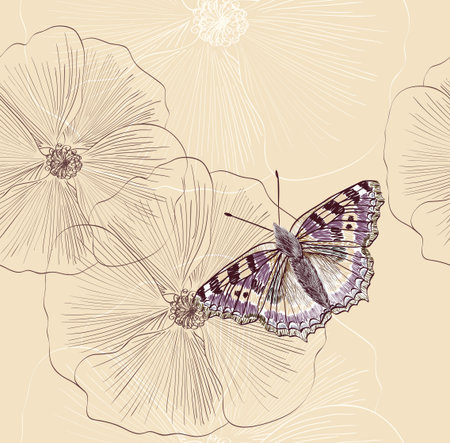 Illustration of beautiful butterflies flying around flower.のイラスト素材