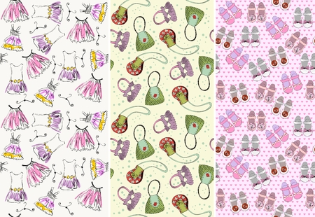 seamless pattern with fashionable dresses and accessory for little girlsのイラスト素材