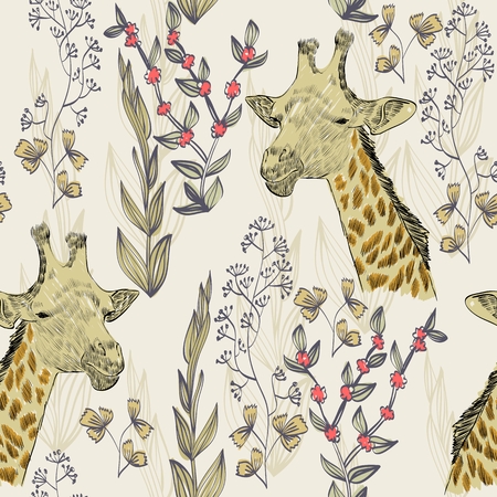 Vector hand drawn seamless pattern with giraffeのイラスト素材
