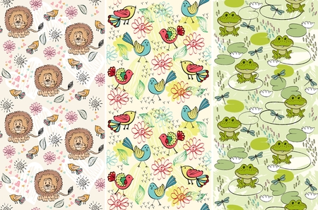 set of hand drawn seamless pattern with animals.のイラスト素材