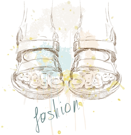 trendy fashion  sandals.  Fashionable Hand drawn illustration.のイラスト素材