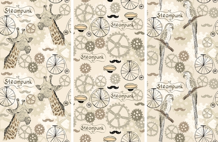 drawn illustration of an  giraffe and parrot in style steampunkのイラスト素材