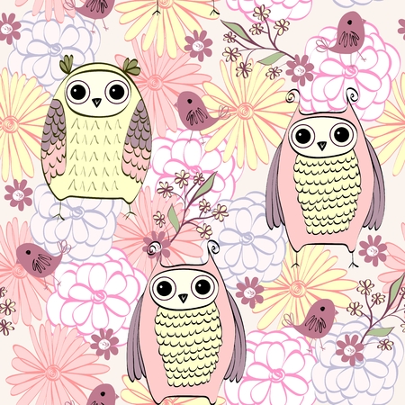 Vector illustration with cartoon owl with flowers. Seamless patternのイラスト素材